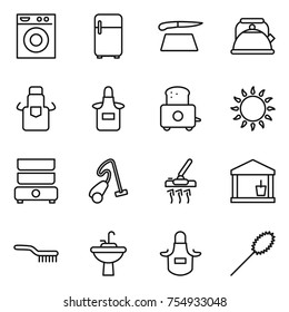 thin line icon set : washing machine, fridge, cutting board, kettle, apron, toaster, gas oven, double boiler, vacuum cleaner, utility room, brush, water tap sink, duster