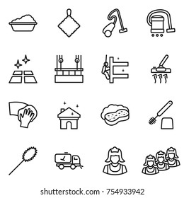 thin line icon set : washing, rag, vacuum cleaner, clean floor, skysrcapers cleaning, skyscrapers, wiping, house, sponge with foam, toilet brush, duster, home call, outsource