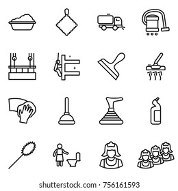 Thin line icon set : washing, rag, sweeper, vacuum cleaner, skysrcapers cleaning, skyscrapers, scraper, wiping, plunger, toilet cleanser, duster, outsource