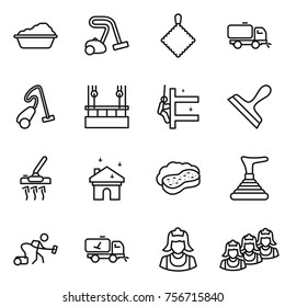 thin line icon set : washing, vacuum cleaner, rag, sweeper, skysrcapers cleaning, skyscrapers, scraper, house, sponge with foam, plunger, home call, outsource