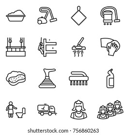 Thin line icon set : washing, vacuum cleaner, rag, skysrcapers cleaning, skyscrapers, wiping, sponge with foam, plunger, brush, toilet cleanser, home call, outsource