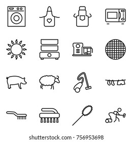 Thin line icon set : washing machine, apron, microwave oven, gas, double boiler, food processor, sieve, pig, sheep, vacuum cleaner, drying clothe, brush, duster