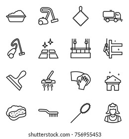 Thin line icon set : washing, vacuum cleaner, rag, sweeper, clean floor, skysrcapers cleaning, skyscrapers, scraper, wiping, house, sponge with foam, brush, duster