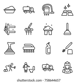 Thin line icon set : washing, sweeper, vacuum cleaner, clean floor, skyscrapers cleaning, house, plunger, brush, toilet cleanser, home call