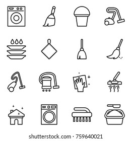 Thin line icon set : washing machine, broom, bucket, vacuum cleaner, plate, rag, wiping, house cleaning, brush, powder