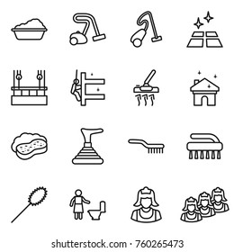 Thin line icon set : washing, vacuum cleaner, clean floor, skysrcapers cleaning, skyscrapers, house, sponge with foam, plunger, brush, duster, toilet, outsource