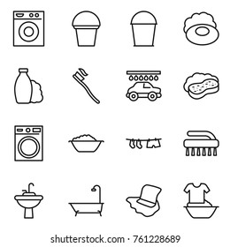 Thin line icon set : washing machine, bucket, soap, shampoo, tooth brush, car wash, sponge with foam, basin, drying clothe, water tap sink, bath, floor, handle