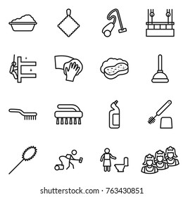 Thin line icon set : washing, rag, vacuum cleaner, skysrcapers cleaning, skyscrapers, wiping, sponge with foam, plunger, brush, toilet cleanser, duster, outsource