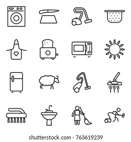 Thin line icon set : washing machine, cutting board, vacuum cleaner, colander, apron, toaster, microwave oven, gas, fridge, sheep, brush, water tap sink, brooming
