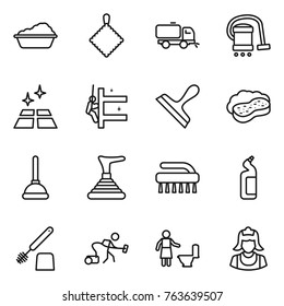 Thin line icon set : washing, rag, sweeper, vacuum cleaner, clean floor, skyscrapers cleaning, scraper, sponge with foam, plunger, brush, toilet cleanser
