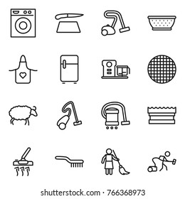 Thin line icon set : washing machine, cutting board, vacuum cleaner, colander, apron, fridge, food processor, sieve, sheep, sponge, brush, brooming