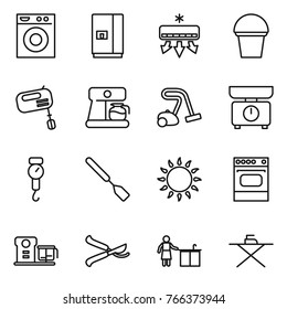 Thin line icon set : washing machine, fridge, air conditioning, bucket, mixer, coffee maker, vacuum cleaner, kitchen scales, handle, spatula, gas oven, food processor, pruner, cleaning, iron board