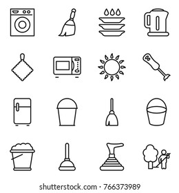 Thin line icon set : washing machine, broom, plate, kettle, rag, microwave oven, gas, blender, fridge, bucket, foam, plunger, garden cleaning
