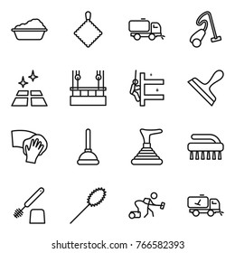 Thin line icon set : washing, rag, sweeper, vacuum cleaner, clean floor, skysrcapers cleaning, skyscrapers, scraper, wiping, plunger, brush, toilet, duster, home call