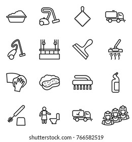 Thin line icon set : washing, vacuum cleaner, rag, sweeper, skysrcapers cleaning, scraper, wiping, sponge with foam, brush, toilet cleanser, home call, outsource