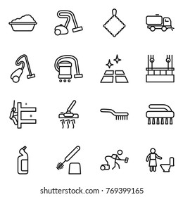 Thin line icon set : washing, vacuum cleaner, rag, sweeper, clean floor, skysrcapers cleaning, skyscrapers, brush, toilet cleanser