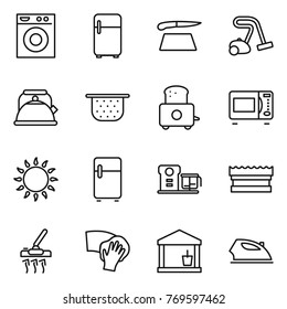 Thin line icon set : washing machine, fridge, cutting board, vacuum cleaner, kettle, colander, toaster, microwave oven, gas, food processor, sponge, wiping, utility room, iron