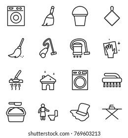 Thin line icon set : washing machine, broom, bucket, rag, vacuum cleaner, wiping, house cleaning, brush, powder, toilet, floor, iron board