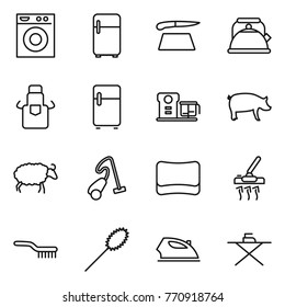 Thin line icon set : washing machine, fridge, cutting board, kettle, apron, food processor, pig, sheep, vacuum cleaner, sponge, brush, duster, iron