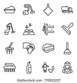 Thin line icon set : washing, vacuum cleaner, rag, sweeper, clean floor, skyscrapers cleaning, scraper, wiping, sponge with foam, plunger, brush, toilet cleanser