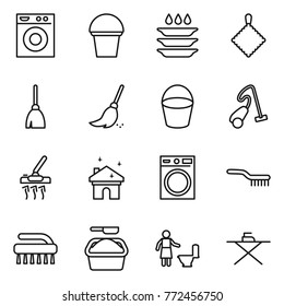Thin line icon set : washing machine, bucket, plate, rag, broom, vacuum cleaner, house cleaning, brush, powder, toilet, iron board
