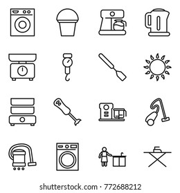 Thin line icon set : washing machine, bucket, coffee maker, kettle, kitchen scales, handle, spatula, gas oven, double boiler, blender, food processor, vacuum cleaner, cleaning, iron board