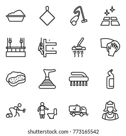 Thin line icon set : washing, rag, vacuum cleaner, clean floor, skysrcapers cleaning, skyscrapers, wiping, sponge with foam, plunger, brush, toilet cleanser, home call