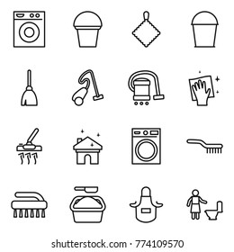 Thin line icon set : washing machine, bucket, rag, broom, vacuum cleaner, wiping, house cleaning, brush, powder, apron, toilet