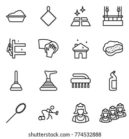 Thin line icon set : washing, rag, clean floor, skysrcapers cleaning, skyscrapers, wiping, house, sponge with foam, plunger, brush, toilet cleanser, duster, vacuum cleaner, outsource