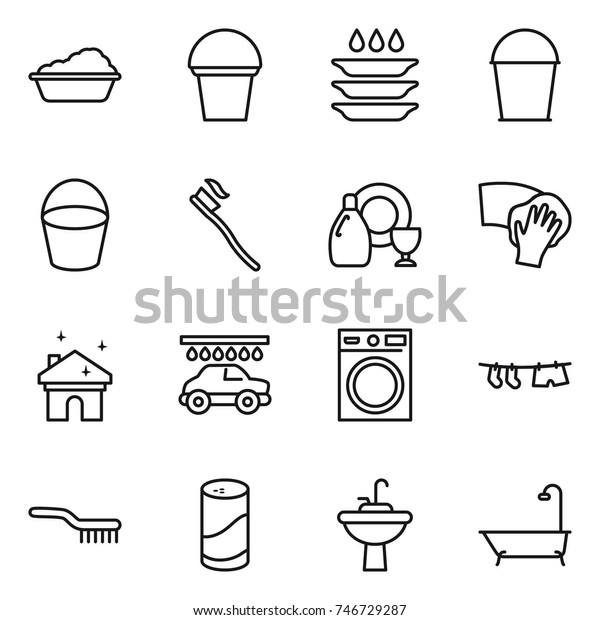 thin line icon set : washing,\
bucket, plate, tooth brush, dish cleanser, wiping, house cleaning,\
car wash, machine, drying clothe, powder, water tap sink,\
bath