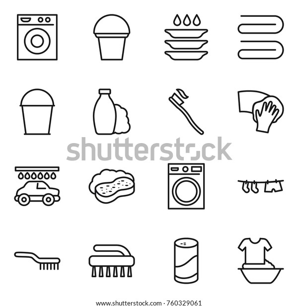 Thin line icon set : washing\
machine, bucket, plate, towel, shampoo, tooth brush, wiping, car\
wash, sponge with foam, drying clothe, cleanser powder,\
handle