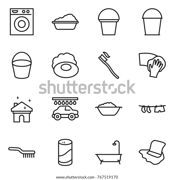 Thin line icon set : washing machine,\
bucket, soap, tooth brush, wiping, house cleaning, car wash, foam\
basin, drying clothe, cleanser powder, bath,\
floor