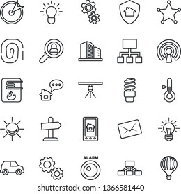 Thin Line Icon Set - water heater vector, wireless, home control app, gear, thermometer, energy saving bulb, protect, police, alarm led, sprinkler, message, fingerprint, target, consumer search, car