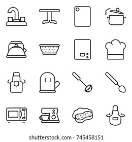 thin line icon set : water tap, table, cutting board, steam pan, kettle, colander, kitchen scales, cook hat, apron, glove, whisk, big spoon, microwave oven, coffee maker, sponge with foam