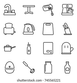thin line icon set : water tap, table, mixer, coffee maker, toaster, kettle, cutting board, stands for knives, saute pan, vegetable oil, kitchen scales, cook glove, egg timer, whisk, bank, ketchup