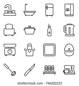thin line icon set : water tap, bath, fridge, toaster, pan, vegetable oil, kettle, kitchen scales, apron, cutting board, egg timer, whisk, knife, spices, coffee maker