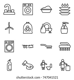 thin line icon set : water tap, washing machine, plate, windmill, garbage bag, dish cleanser, liquid soap, drying clothe, brush, toilet, wiping, cleaning, bin