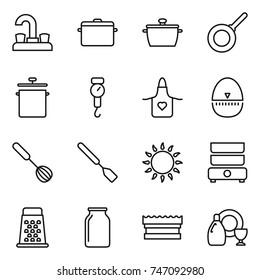 thin line icon set : water tap, pan, handle scales, apron, egg timer, whisk, spatula, gas oven, double boiler, grater, bank, sponge, dish cleanser