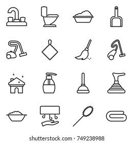 thin line icon set : water tap, toilet, washing, scoop, vacuum cleaner, rag, broom, house cleaning, liquid soap, plunger, foam basin, hand dryer, duster, towel