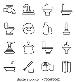 thin line icon set : water tap, sink, bath, toilet, soap, shampoo, plunger, hanger, brush, paper, towel