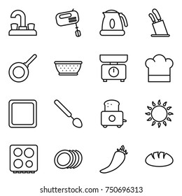 thin line icon set : water tap, mixer, kettle, stands for knives, pan, colander, kitchen scales, cook hat, cutting board, big spoon, toaster, gas oven, hob, plates, hot pepper, bread