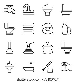thin line icon set : water tap, sink, bath, toilet, towel, soap, shampoo, plunger, hanger, brush, paper