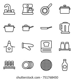 thin line icon set : water tap, coffee maker, pan, saute, kettle, apron, cook glove, cooking book, salt pepper, spices, plates, sieve, ketchup