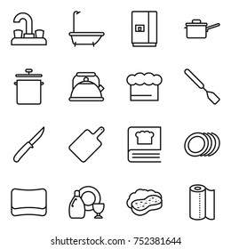 thin line icon set : water tap, bath, fridge, saute pan, kettle, chief hat, spatula, knife, cutting board, cooking book, plates, sponge, dish cleanser, with foam, paper towel