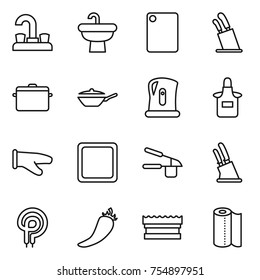 thin line icon set : water tap, sink, cutting board, stands for knives, pan, kettle, apron, cook glove, garlic clasp, knife holder, elecric oven, hot pepper, sponge, paper towel