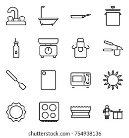 thin line icon set : water tap, bath, pan, vegetable oil, kitchen scales, apron, garlic clasp, spatula, cutting board, microwave oven, gas, induction, hob, sponge, cleaning