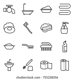 thin line icon set : water tap, bath, washing, towel, soap, tooth brush, sponge with foam, liquid, basin, toilet cleanser, sink, paper