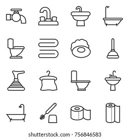 Thin line icon set : water tap, sink, bath, toilet, towel, soap, plunger, hanger, brush, paper