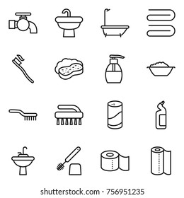 Thin line icon set : water tap, sink, bath, towel, tooth brush, sponge with foam, liquid soap, basin, cleanser powder, toilet, paper