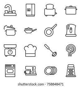 Thin line icon set : water tap, fridge, toaster, pan, steam, kettle, kitchen scales, cook hat, whisk, elecric oven, coffee maker, plates, grater